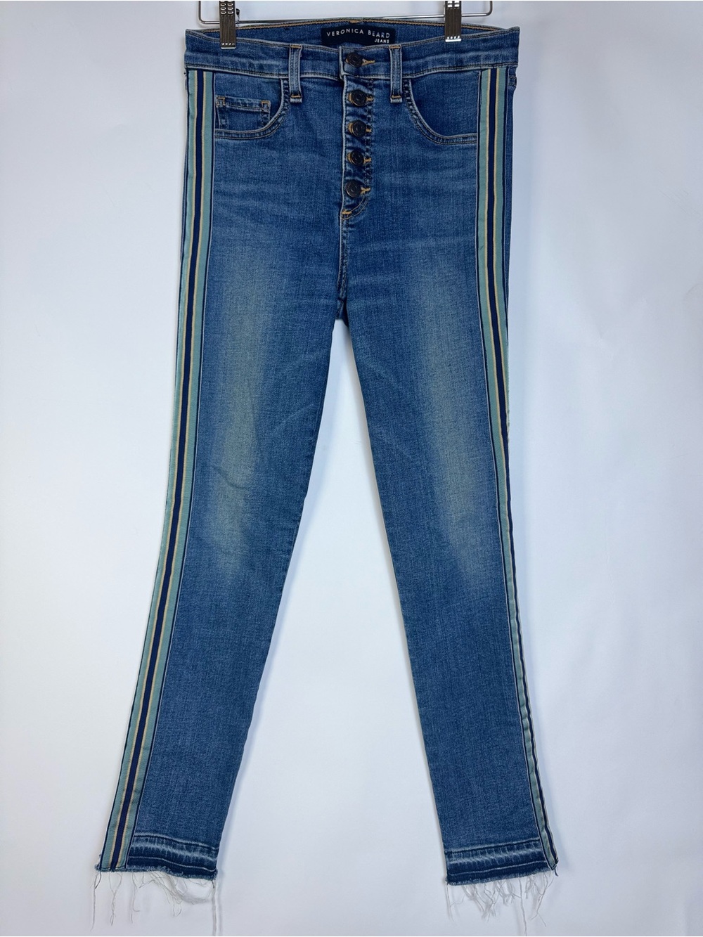 Veronica Beard Debbie High Rise Skinny Crop Jeans Blue Striped Raw Hem Size 26